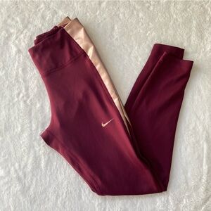 Nike Dri-FIT Burgundy Leggings with Gold Metallic Stripe Size Small Running